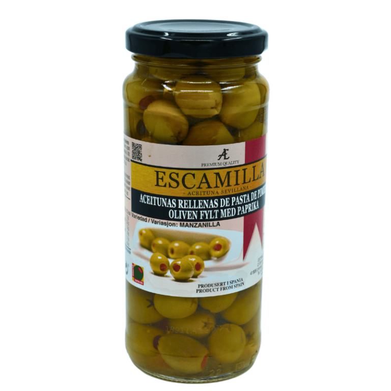 Escamilla grønne oliven fylt med paprika 350g – klassisk middelhavssnacks