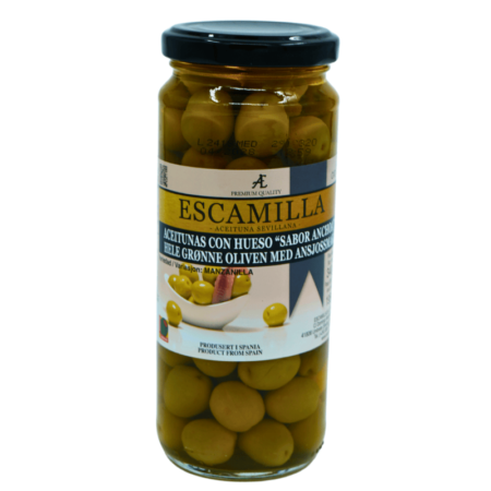 Escamilla grønne oliven med ansjos uten stein 317g – smakfull middelhavssnacks