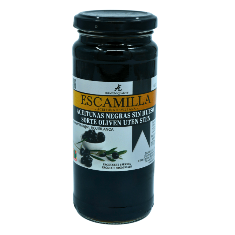 Escamilla sorte oliven uten stein 350g – saftige og smakfulle oliven