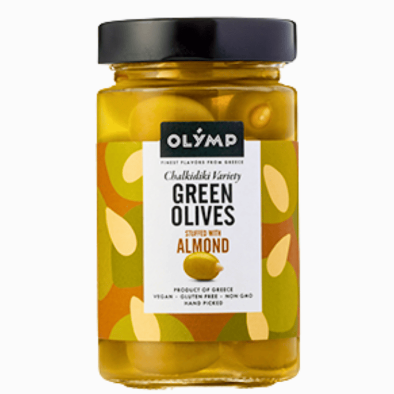 Olymp grønne oliven med mandler 500 g – fyldige oliven med sprø mandelfyll