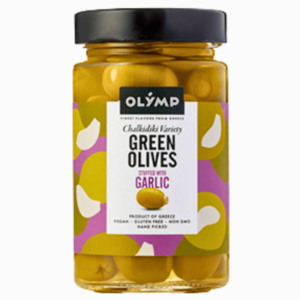 Olymp grønne oliven med hvitløk 500 g – smaksrike oliven med fyll