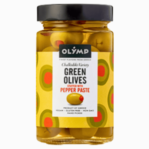 Olymp grønne oliven fylt med paprika 500 g – delikate og smakfulle