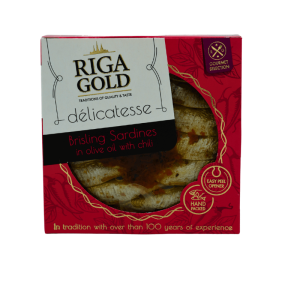 Sardiner Riga Gold i olje med chili 120g – Krydret sardiner i chiliolje