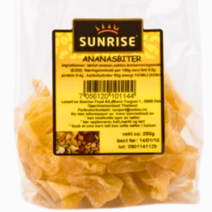 Sunrise Ananasbiter 195g – søte og smakfulle tørkede ananasbiter