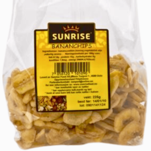Sunrise Bananchips 160g – sprø og søte bananchips laget av modne bananer