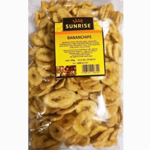 Sunrise Bananchips 500g – sprø og søte bananchips laget av modne bananer