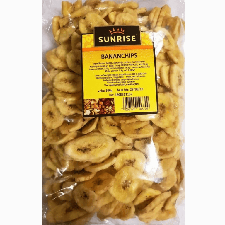 Sunrise Bananchips 500g – sprø og søte bananchips laget av modne bananer