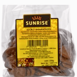 Sunrise Bananchips med sjokolade 195g – sprø bananchips dyppet i rik melkesjokolade