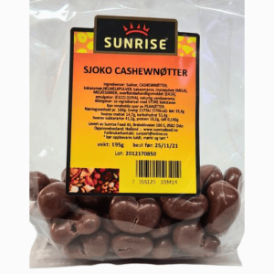 Sunrise Cashewnøtter med sjokolade 195g – sprø cashewnøtter dekket med deilig sjokolade
