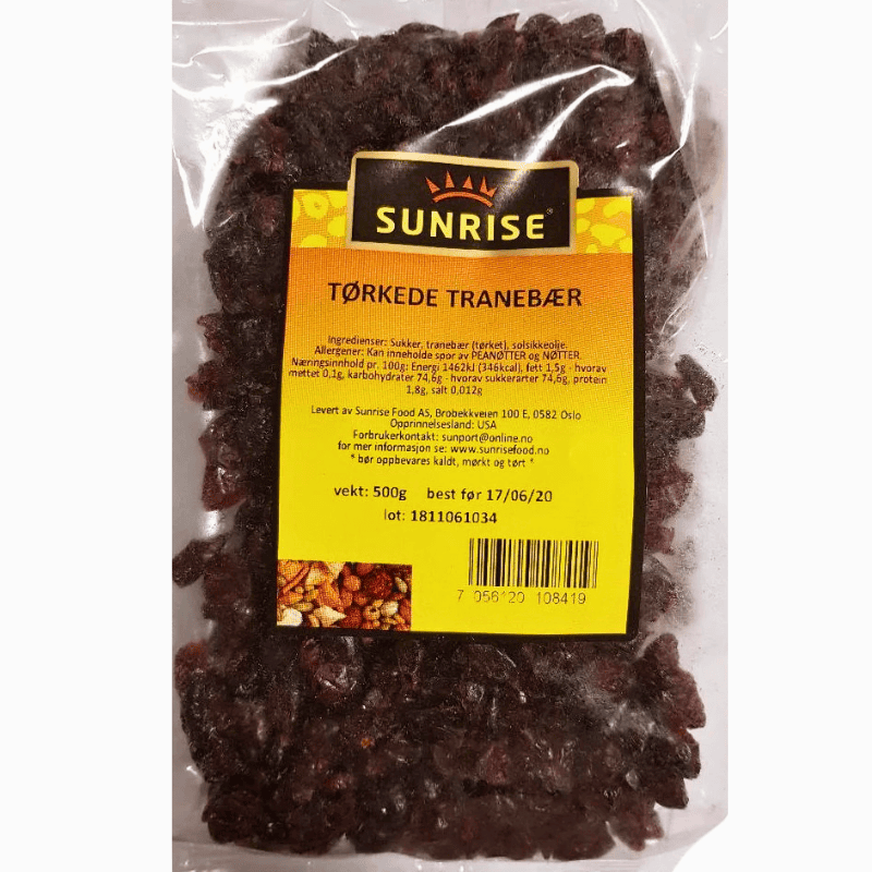 Sunrise tørkede tranebær 500g – søtsyrlige bær fulle av smak og næring