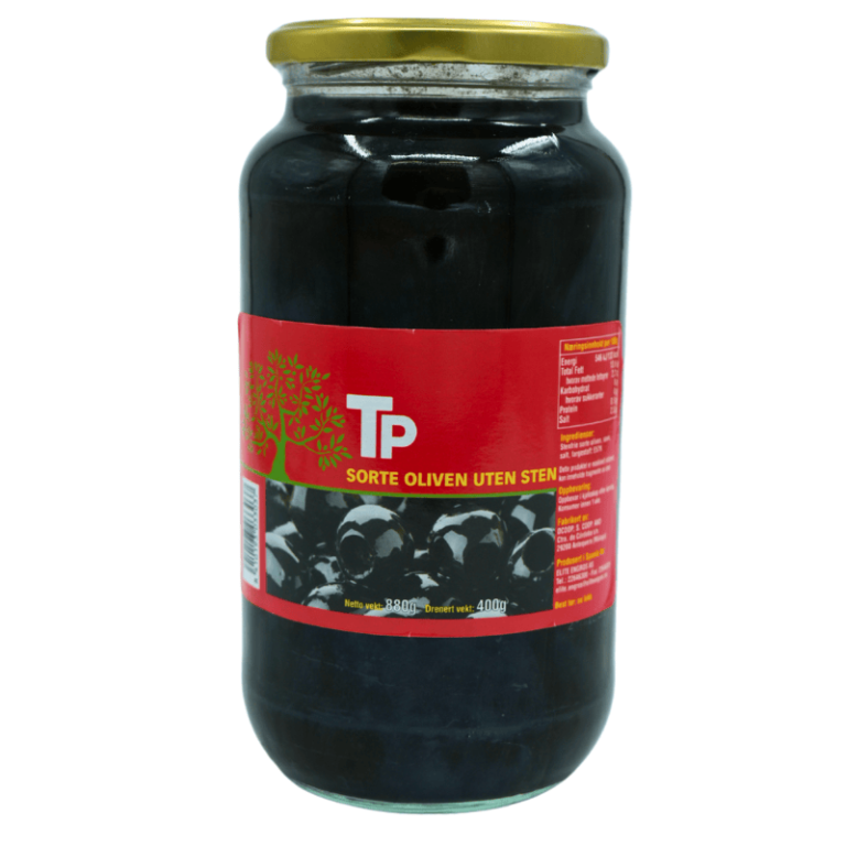 TP sorte oliven uten stein 890g – smakfulle og ferdig utstente oliven