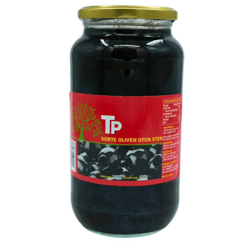 TP sorte oliven uten stein 890g – smakfulle og ferdig utstente oliven
