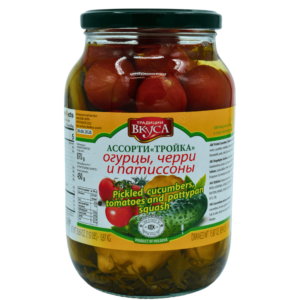 Assorti sylteagurker, cherrytomater og patisson 870 g – fargerikt og smakfullt utvalg