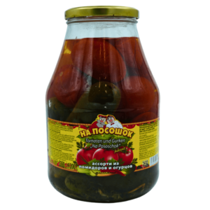 Assorti sylteagurk og tomat Na Pososhok 2350g – blandede syltede grønnsaker