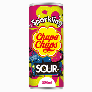 Kullsyret drikk fra Chupa Chups med syrlig jordbærsmak i 250 ml boks