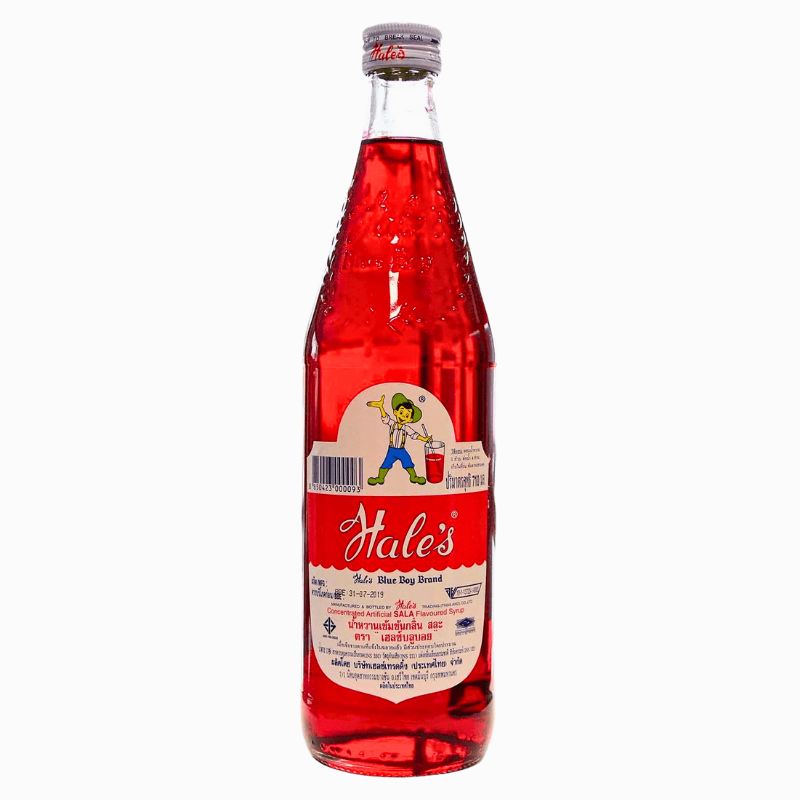 Rød flaske med HALE'S BLUE BOY sirupdrikk med sala-smak, 710 ml