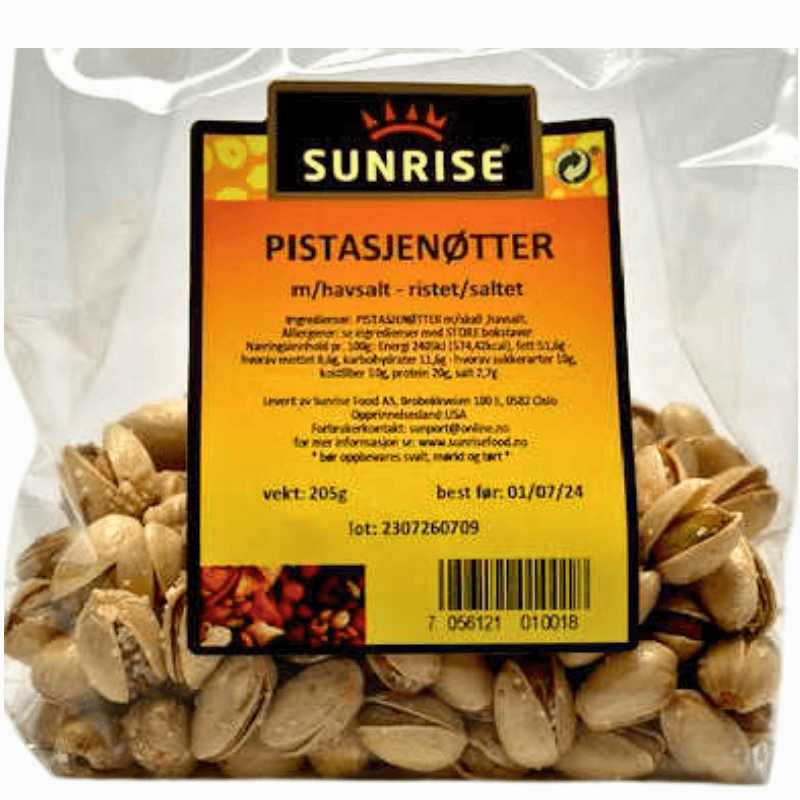 SUNRISE Pistasjenøtter Ristede & Saltede 205g – sprø og smakfulle pistasjenøtter