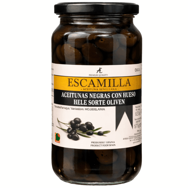 Escamilla svarte oliven med stein 935g
