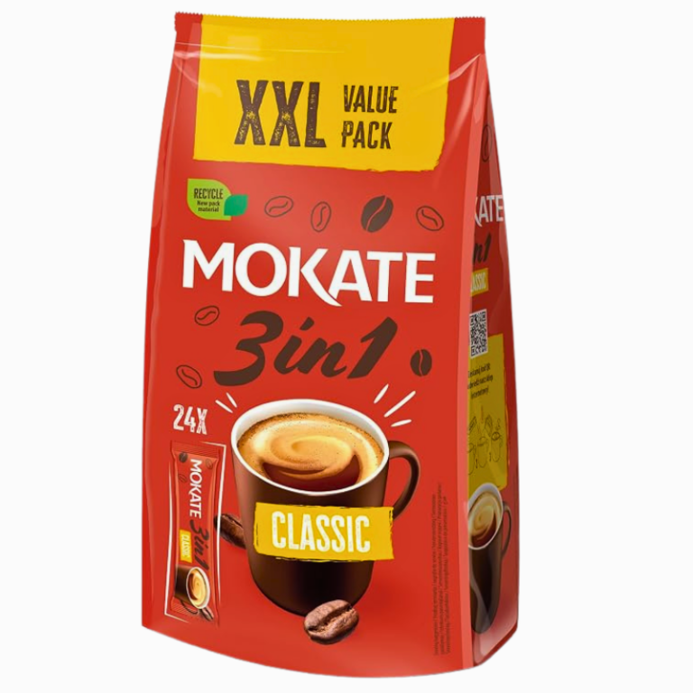 Mokate 3in1 Classic XXL pulverkaffe med sukker og melkekomponenter, 24 porsjonsposer à 17 g