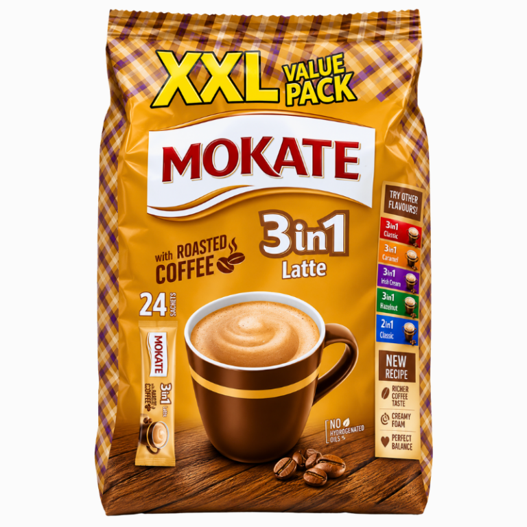 Mokate 3in1 Coffee Latte pulverkaffe i pakke med 24 porsjonsposer